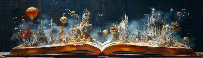 An open book on a table unfolds into a fantastical landscape with castles and balloons - obrazy, fototapety, plakaty