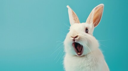 Joyful white rabbit laughing heartily against a clean blue background.