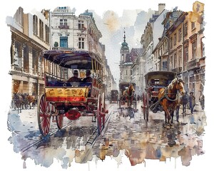 Naklejka premium Vintage street scene, watercolor, horsedrawn carriages, cobblestone roads, nostalgic ambiance, isolated on white