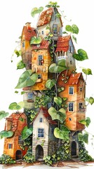 Watercolor of Jack and the Beanstalk, Jack as an urban farmer, skyscraper beanstalk, city setting retelling, isolated on white - obrazy, fototapety, plakaty