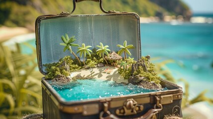 Miniature tropical beach scene within an open suitcase