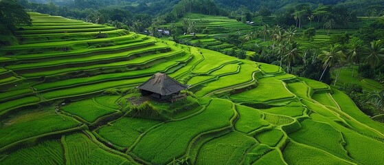 Lush green rice terraces with a small hut from an aerial perspective - obrazy, fototapety, plakaty