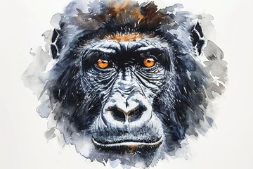 Gorilla face, watercolor, thoughtful eyes, detailed fur, gentle giants essence, portrait isolated on white