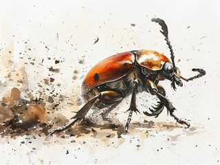 Watercolor of a beetle charging, dynamic motion, dust kicking up, battle scene, isolated on white - obrazy, fototapety, plakaty