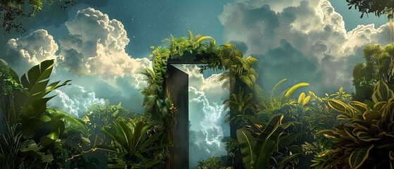 Surreal landscape with a door surrounded by lush foliage under a dramatic sky. - obrazy, fototapety, plakaty