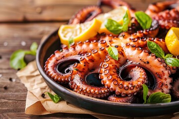 Grilled octopus leg in plate on wooden table