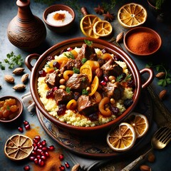 Lamb Tagine.
Tender lamb stewed with aromatic spices, dried fruits, and nuts, served in a traditional tagine dish with fluffy couscous, preserved zesty lemon, and a sprinkle of fresh herbs.