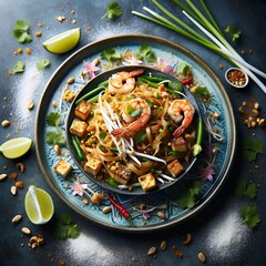 Pad Thai.
Rice noodles stir-fried with plump shrimp, tofu, bean sprouts, and crushed peanuts, tossed together in a savory-sweet sauce and garnished with fresh cilantro, edible flowers, lime wedges.