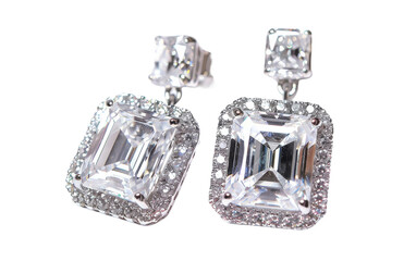 Radiant Cut Diamond Dangle Earrings On Transparent Background.