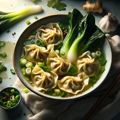 Wonton soup.
Delicate wonton dumplings, filled with a savory blend of pork and spices in a fragrant broth infused with ginger, garlic, and green onions, topped with crisp bok choy. - obrazy, fototapety, plakaty