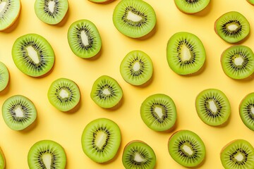 Fototapeta premium Pattern of ripe kiwi slices on yellow background