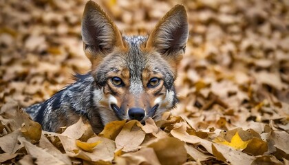 A-Jackal-With-Its-Muzzle-Buried-In-A-Pile-Of-Leave-
