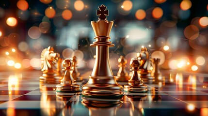 Gold queen is the leader of the chess in the game on board. Business concept,Generative AI	 - obrazy, fototapety, plakaty