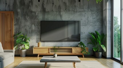 3D render Luxury modern living room, TV on cabinet against concrete wall background. AI generated