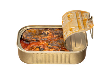 Fish food in tin copper can sardine in tomato sauce on isolated white background.