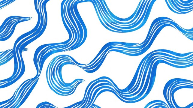 Abstract bold doodle blue color wave seamless pattern on white background. AI generated image