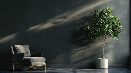 Empty living room with armchair and green plant on dark concrete wall background. AI generated