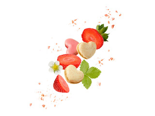 Sweet macaroons macarons in heart shape, strawberry slices and crumbs flying isolated on  white background. French cookies with vanilla and strawberry. Pastry shop banner with copy space