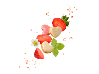 Sweet macaroons macarons in heart shape, strawberry slices and crumbs flying isolated on  white background. French cookies with vanilla and strawberry. Pastry shop banner with copy space