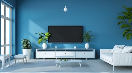 Modern empty room with TV in cabinet on blue wall background. AI generated image