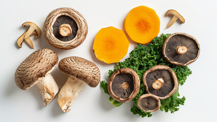 bird eye view shot of portobello Mushrooms, kale, squash naturaly placed on a white background without containers, not crowded, leave spaces in between, natural light