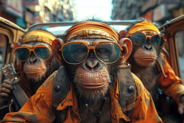 A band of musical monkeys touring through a vibrant cityscape in a vintage van, for a streaming music service.