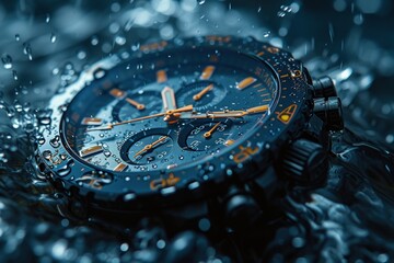 A captivating underwater scene featuring luxury watches, demonstrating water resistance in a visually stunning way, for a high-end watch brand - obrazy, fototapety, plakaty