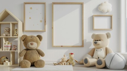 Cute children room with toys, nursery and poster mockup on white wall background. AI generated image