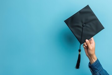 Black graduation cap in female hand on blue background