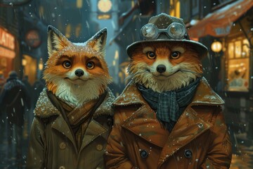 A detective duo of a wise owl and a cunning fox solving mysteries in a noir-inspired city - obrazy, fototapety, plakaty