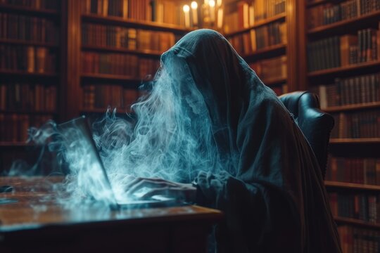 A ghostwriter typing stories in a haunted Victorian library at midnight, with ghostly apparitions whispering ideas.