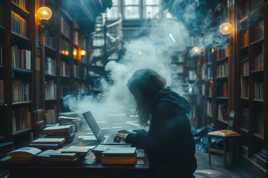 A ghostwriter typing stories in a haunted Victorian library at midnight, with ghostly apparitions whispering ideas.