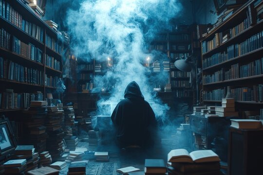 A ghostwriter typing stories in a haunted Victorian library at midnight, with ghostly apparitions whispering ideas.
