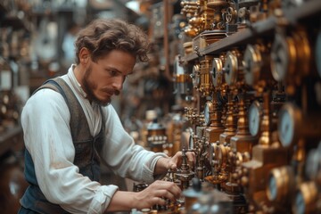 A steampunk-inspired inventor in a workshop filled with brass gadgets and gears, working on a time-travel device. - obrazy, fototapety, plakaty