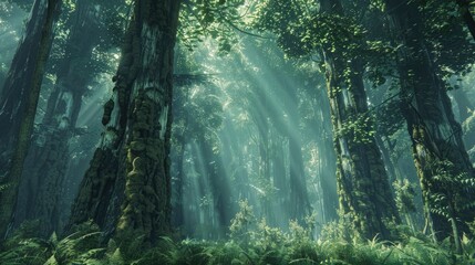 A dense, ancient forest with towering trees, their trunks covered in moss and their canopies forming a thick green ceiling. The forest floor is a tapestry of ferns and foliage, creating a scene 
