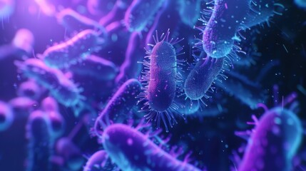 Closeup microscopic bacteria background on blue and purple glow neon color. AI generated image - obrazy, fototapety, plakaty