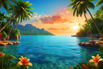 Illustration of a peaceful tropical scene with a calm ocean, palm trees, and flowers.