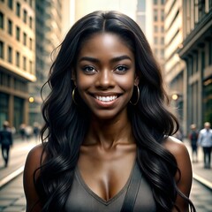 portrait of happy black fashion woman with long hair in ghetto backdrop