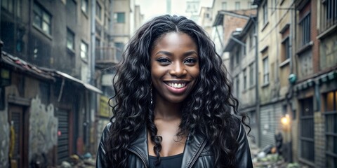 portrait of happy black fashion woman with long hair in ghetto backdrop - obrazy, fototapety, plakaty