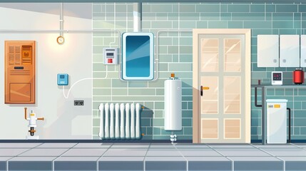 Vector Illustration of House Heating System with Gas Boiler and Radiator - obrazy, fototapety, plakaty