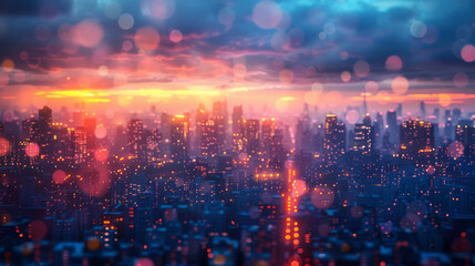 Bright glowing lights of district in megapolis under dusk sky in evening on blurred background. - obrazy, fototapety, plakaty