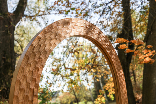Fine woodwork: handcrafted wooden mirror frame among autumn trees
