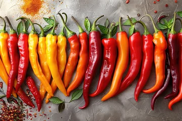 Poster Fiery assorted hot chili peppers with water droplets © yuliachupina