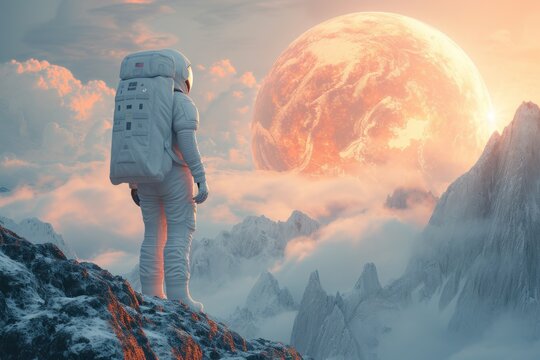 Astronaut gazing at stars from mountain