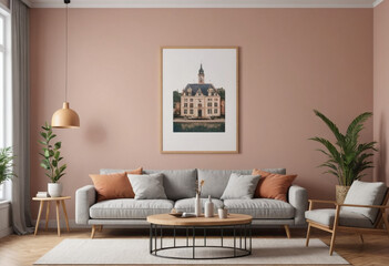 Fototapeta premium Living room wall poster mockup. Interior mockup with house background. Modern interior design