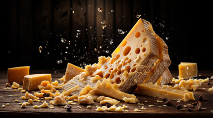 cheese on a wooden board - obrazy, fototapety, plakaty