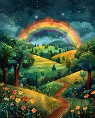 Lush green hill with rainbow, after rain, vibrant landscape, hopeful scenery. background. wallpaper