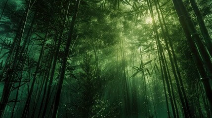 A dense bamboo forest, with the sun filtering through the tall, slender stalks, creating patterns of light and shadow. The perspective leads the viewer's eye deep into the forest