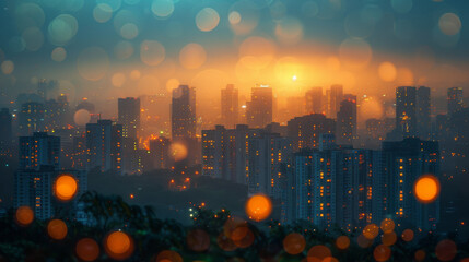 Bright glowing lights of district in megapolis under dusk sky in evening on blurred background.
