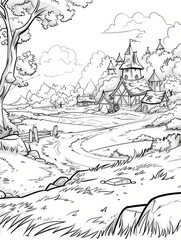 Naklejka premium Black and white line art depicting an ancient settlement. Village amidst fields. Beautiful nature. Surrounding environment. Old houses. Lovely historical settlements.